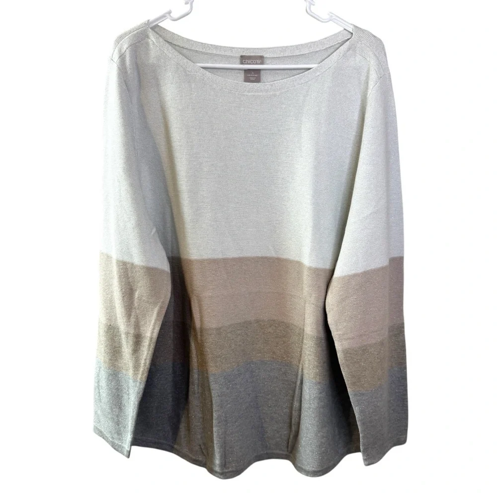NWT Chicos Metallic Stripe Pullover Sweater neutral long sleeve top Womens XXL - Picture 1 of 13
